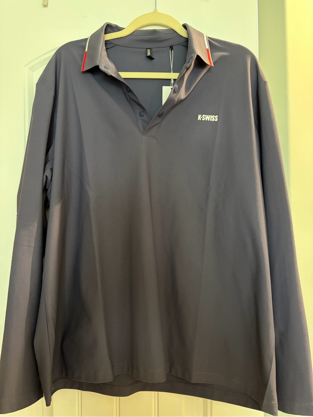 K-Swiss Men’s Long-Sleeve Polo in Charcoal with Red Accent